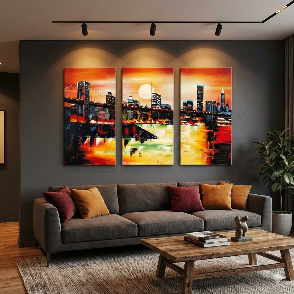 Large Abstract NYC Skyline Triptych - 3 Panel Canvas Wall Art 48x32 - New York